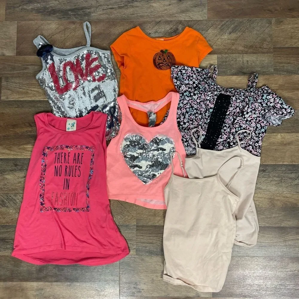Bundle of 7 Girl's Tops: Sleeveless, tank, tee. Size 6-6X